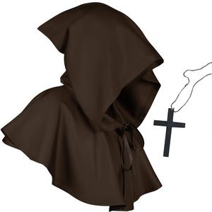 Medieval Cowl Hat Hood, Cross with Necklace. Priest, Halloween Cosplay Costume